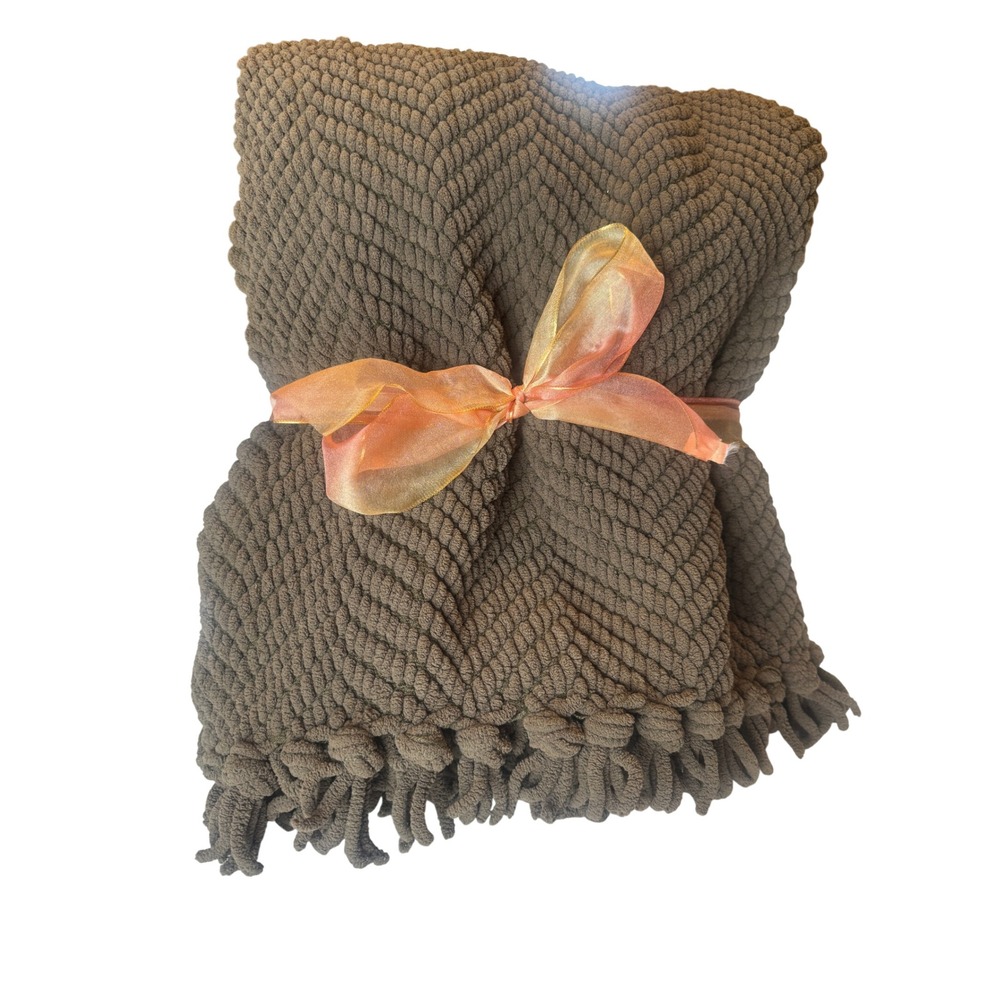 Pottery Barn Brown Textured Throw Blanket fringe tassel cozy fall decor